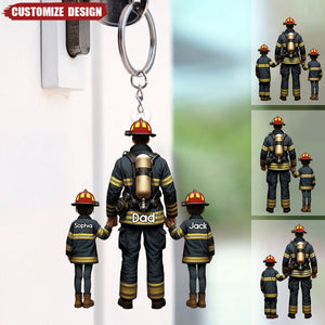 Firefighter Dad And Kids - Personalized Acrylic Keychain