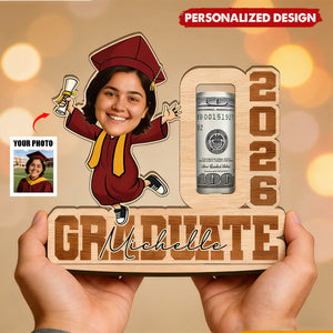 Funny Graduation Gift 2026-Personalized Face Wooden Plaque with Name & Money Holder