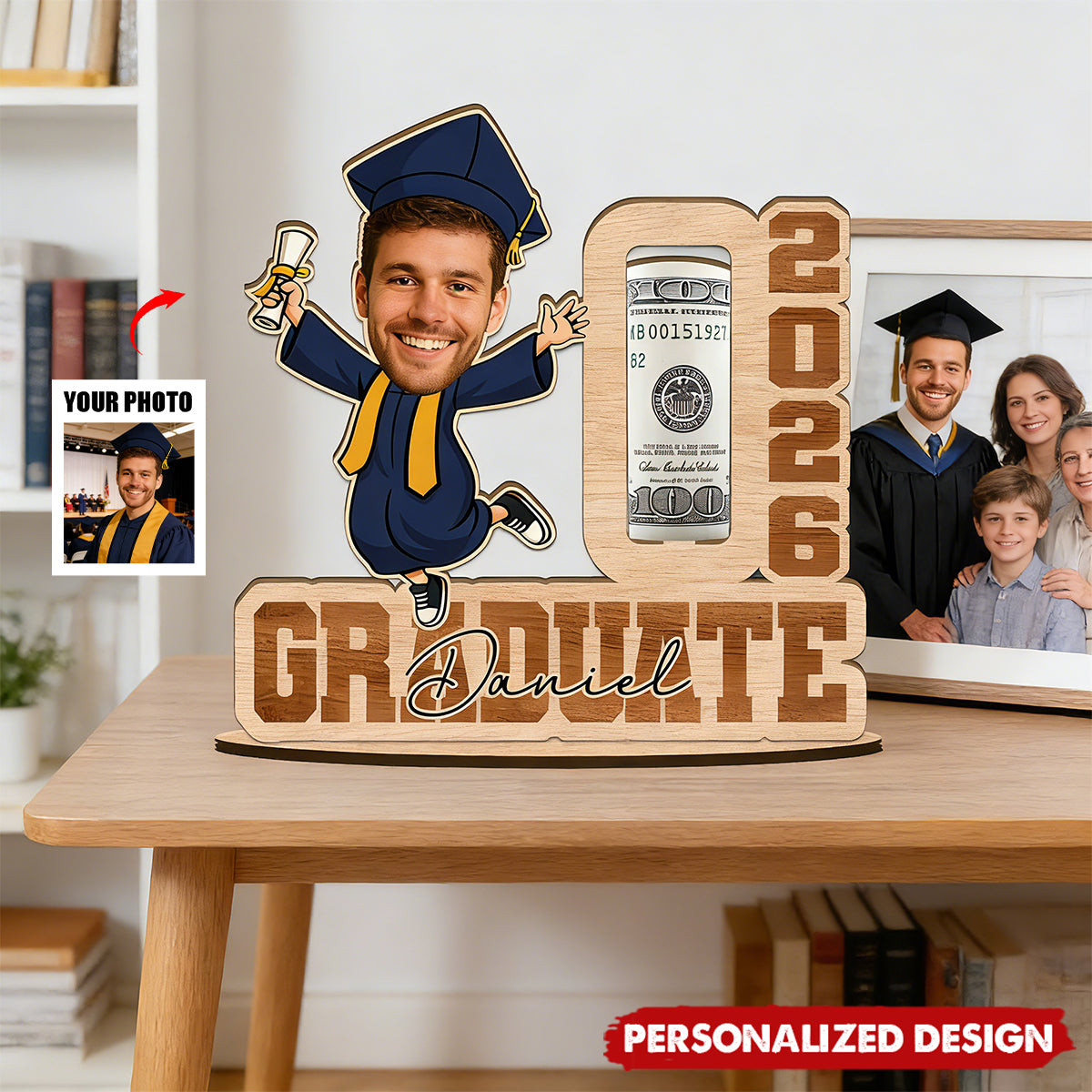 Funny Graduation Gift 2026-Personalized Face Wooden Plaque with Name & Money Holder