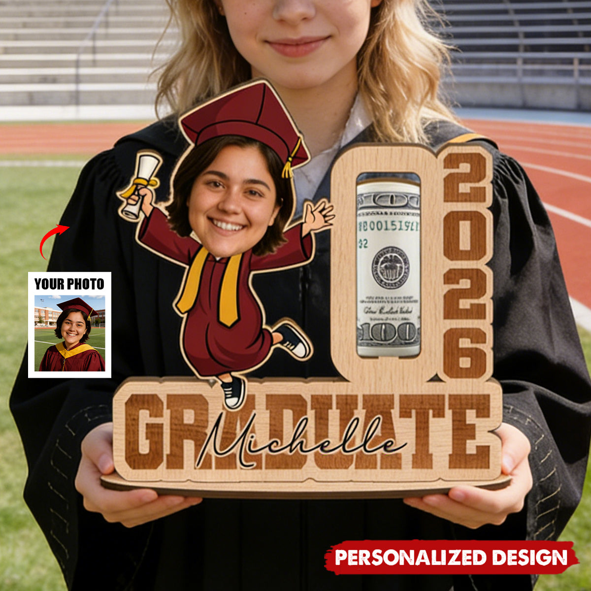Funny Graduation Gift 2026-Personalized Face Wooden Plaque with Name & Money Holder