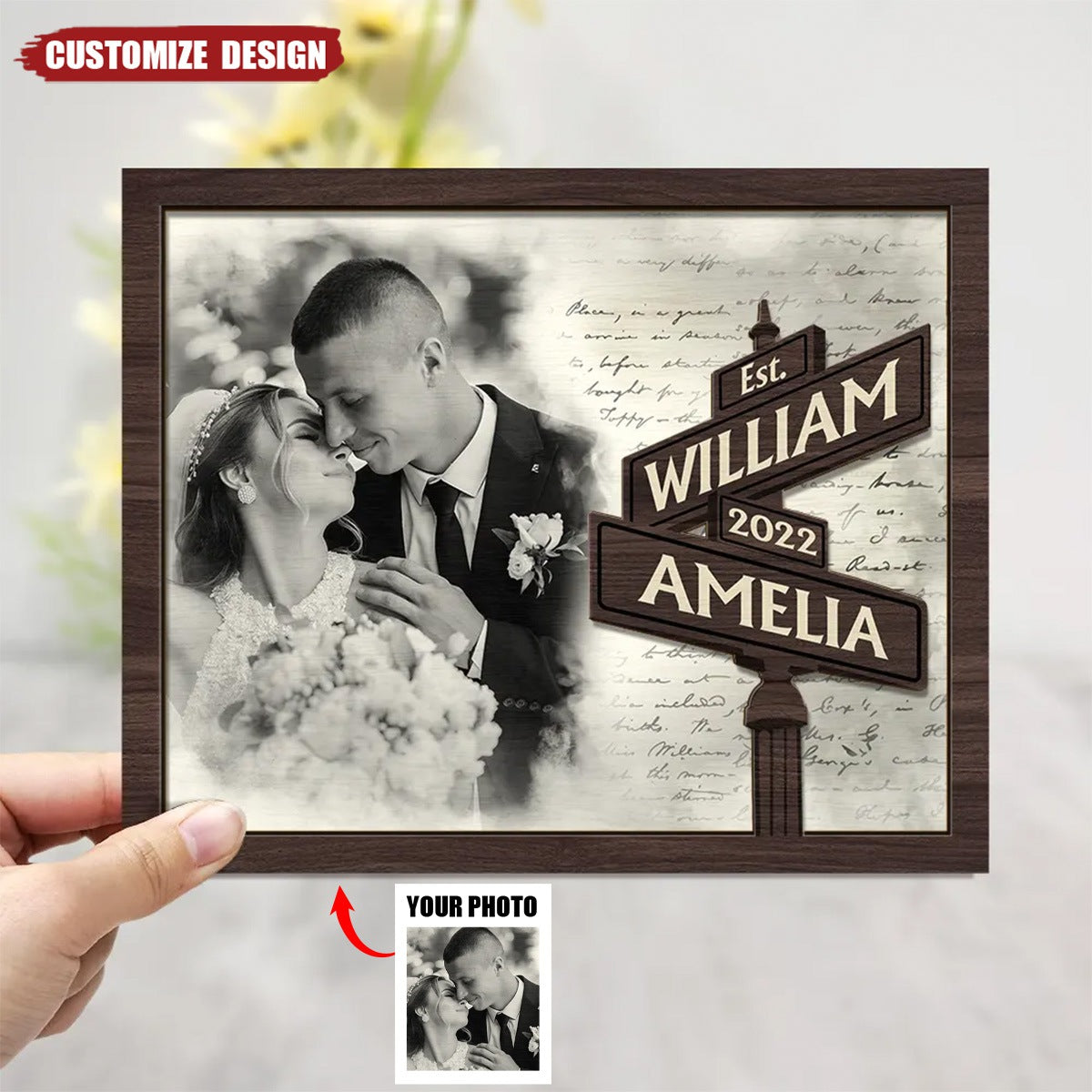 Custom Photo First Anniversary Gift For Couples Family - Personalized 2-Layered Wooden Plaque With Stand