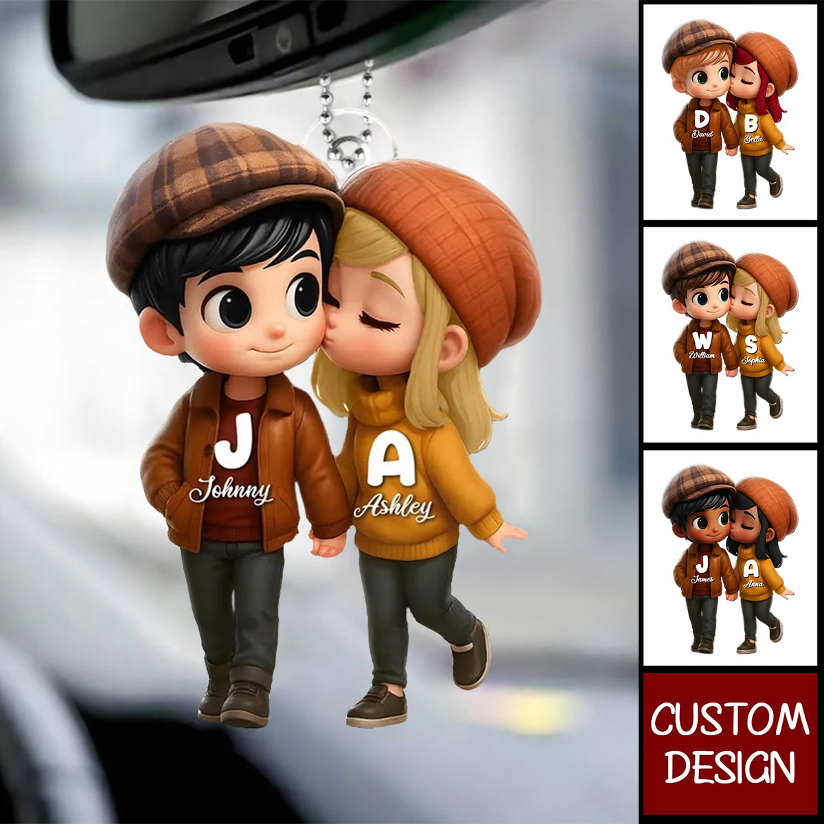 Fall Season 3D Effect Cute Cartoon Couple Walking Personalized Car Ornament, Perfect Gift for him, Gift for her