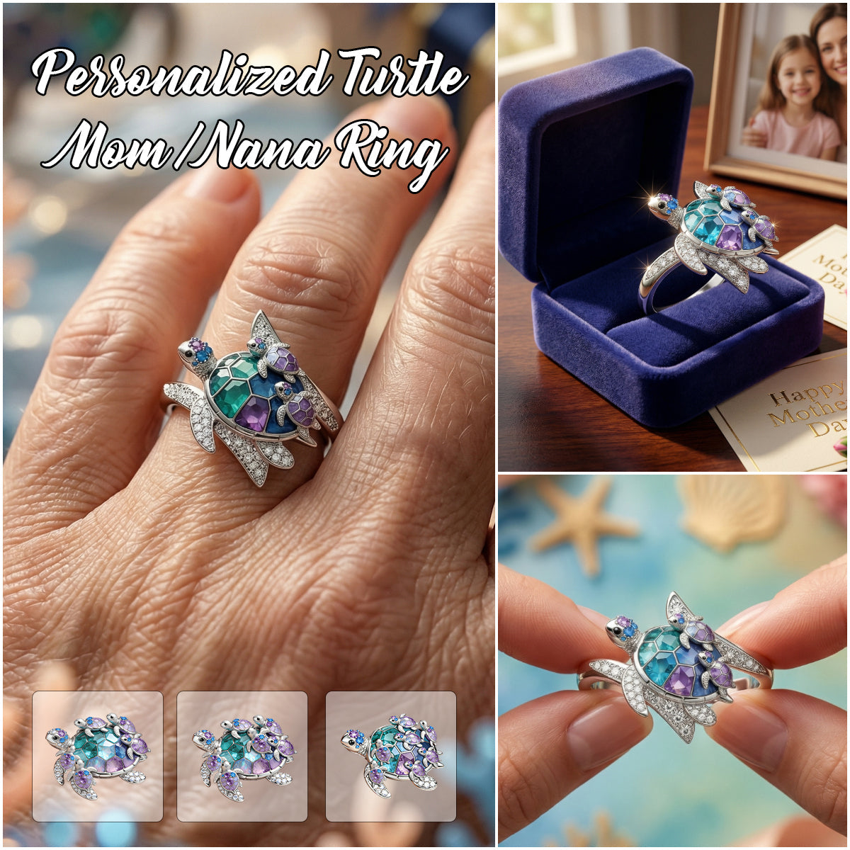 Personalized Grandma-shaped Turtle Ring - Gift For Mom and Grandma