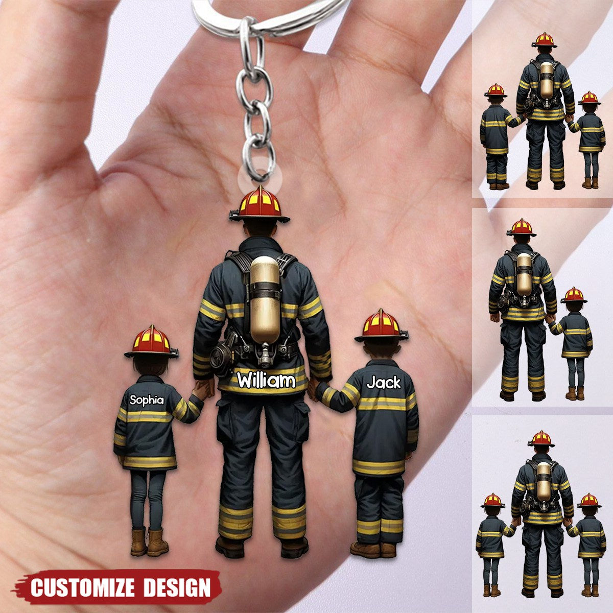 Firefighter Dad And Kids - Personalized Acrylic Keychain