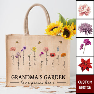 Grandma's Garden Love Grows Here - Personalized Jute Tote Bag