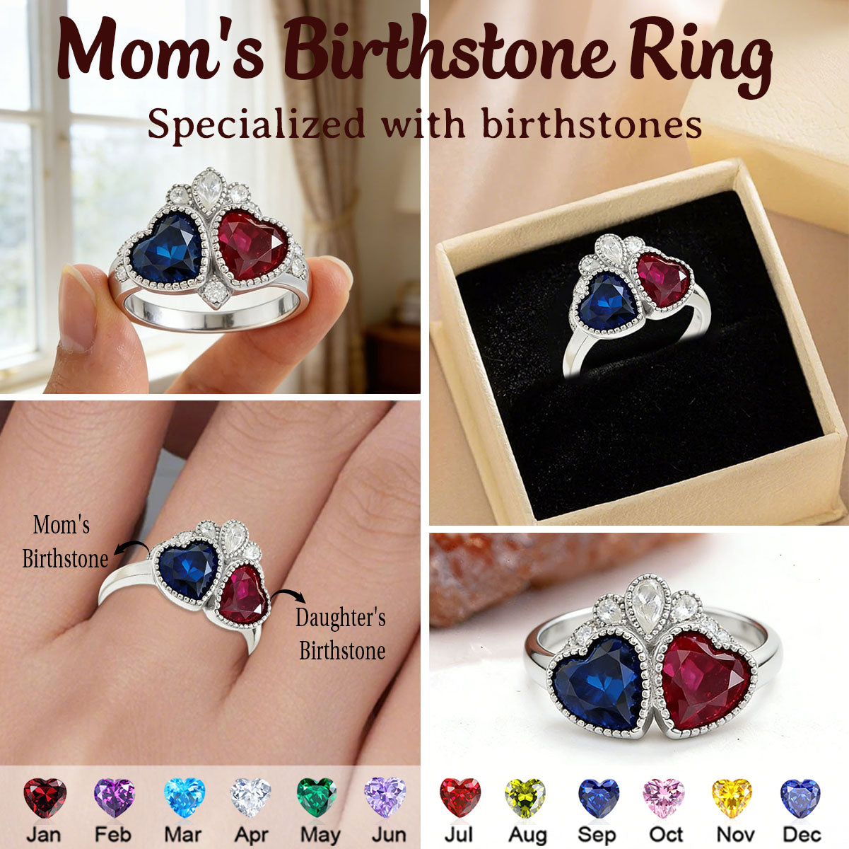 Personalized Heart Birthstone Ring, Mother's Day Gift - Family Ring for Her Love Heart