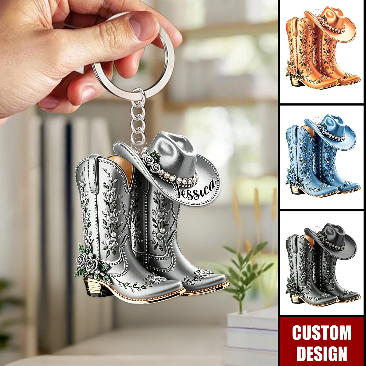 Personalized Cowgirl Boots & Hat Acrylic Keychain - Gift For Cowgirl