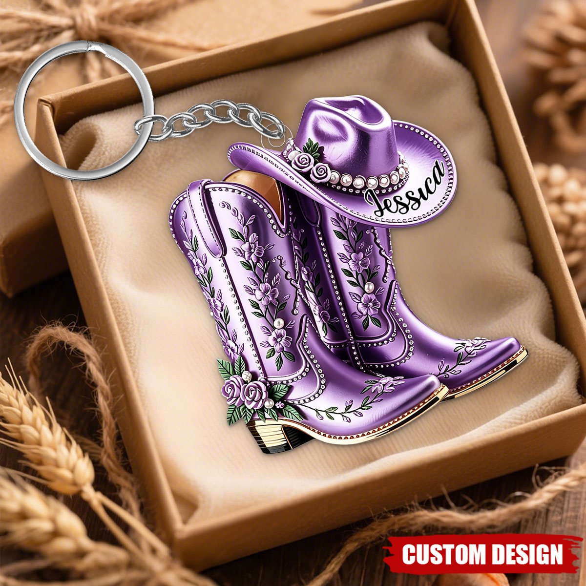 Personalized Cowgirl Boots & Hat Acrylic Keychain - Gift For Cowgirl