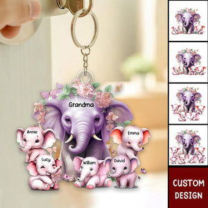 Mama/Nana Purple Elephant With Little Kids - Personalized Acrylic Keychain - Gift For Mom, Grandma