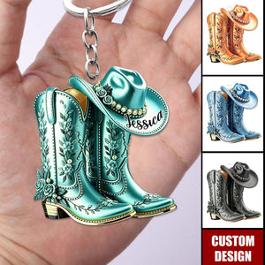 Personalized Cowgirl Boots & Hat Acrylic Keychain - Gift For Cowgirl
