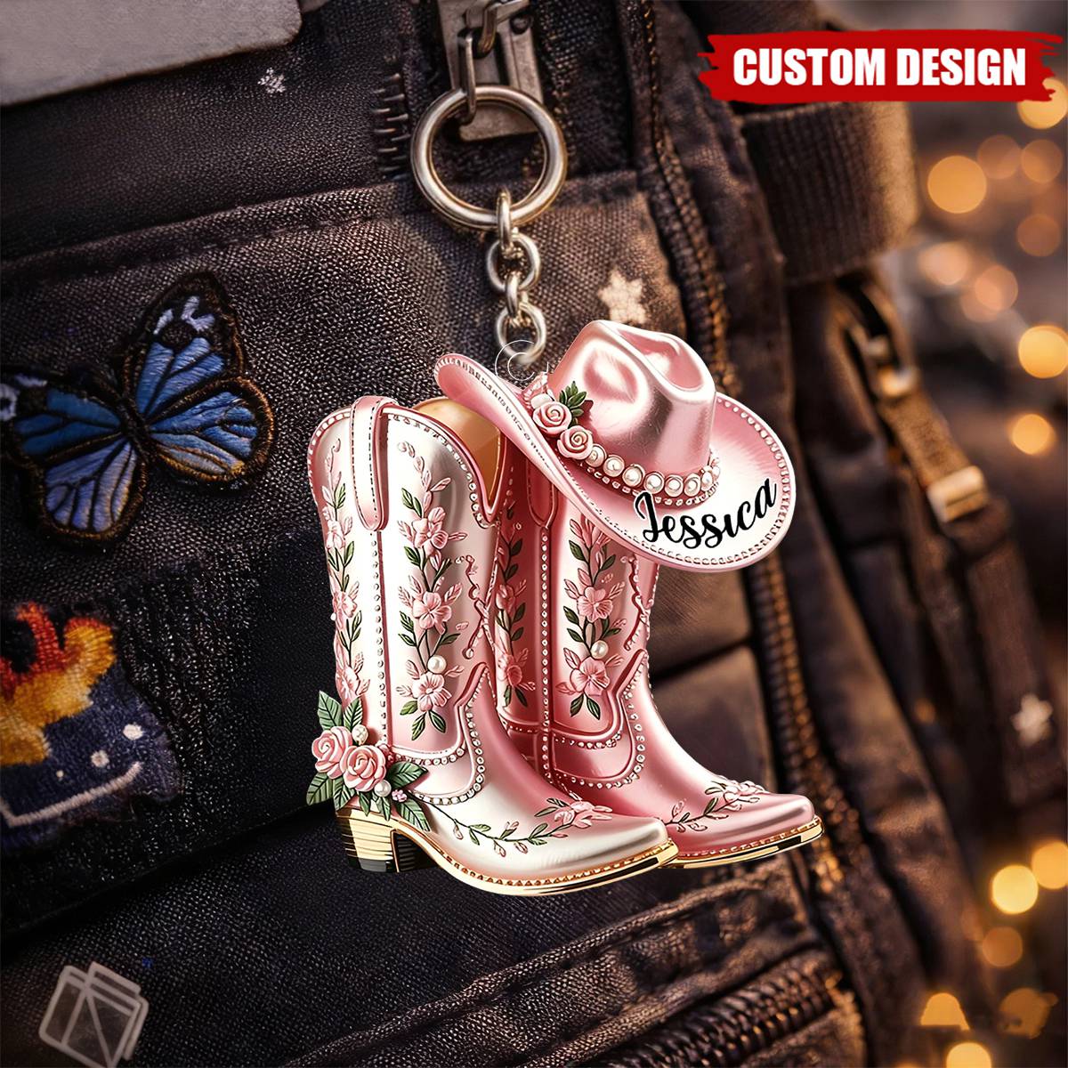 Personalized Cowgirl Boots & Hat Acrylic Keychain - Gift For Cowgirl