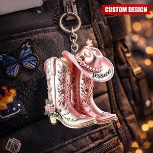 Personalized Cowgirl Boots & Hat Acrylic Keychain - Gift For Cowgirl