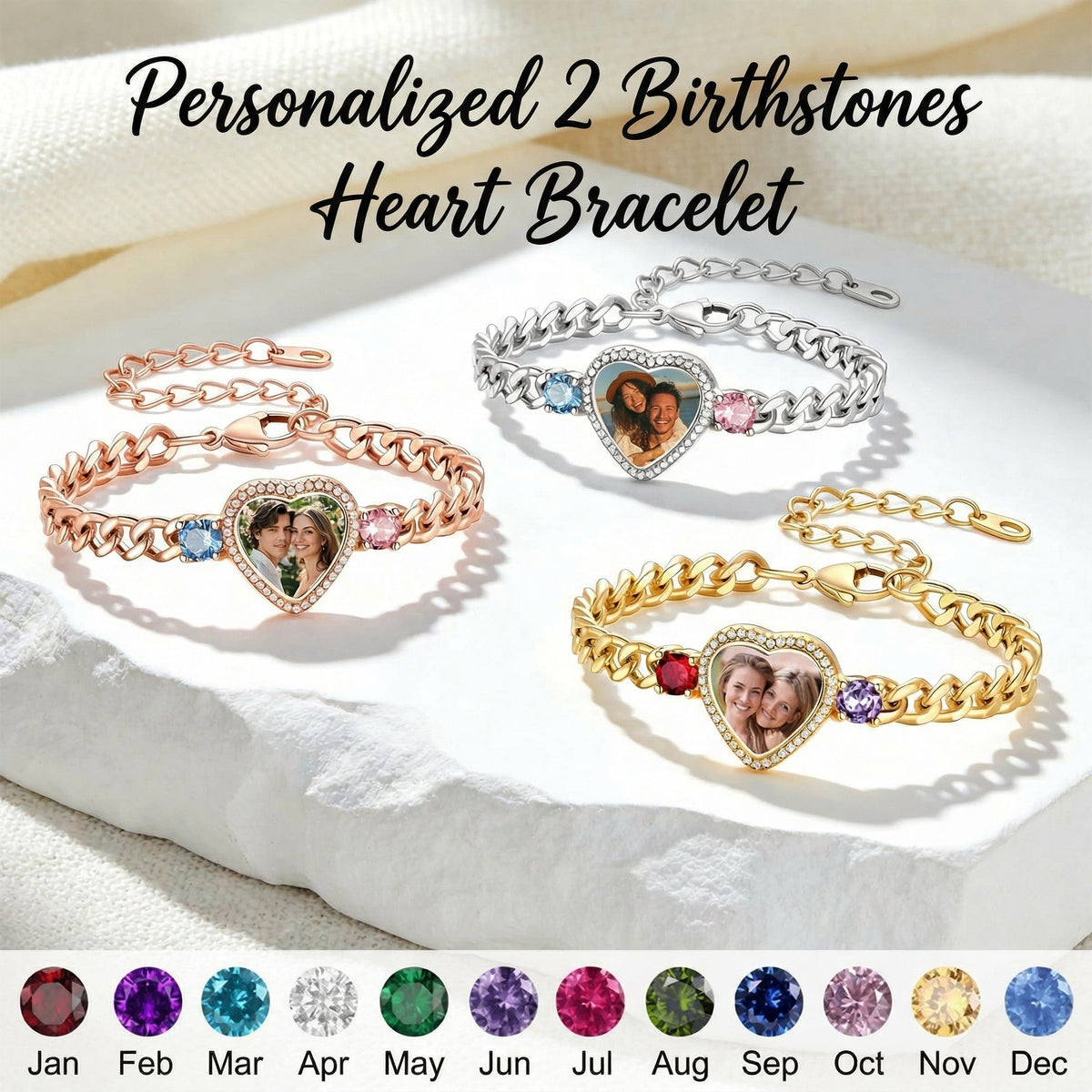 Personalized Heart Photo Birthstones Bracelet - Gift For Mom Wife Grandma