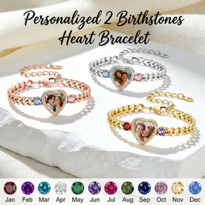 Personalized Heart Photo Birthstones Bracelet - Gift For Mom Wife Grandma