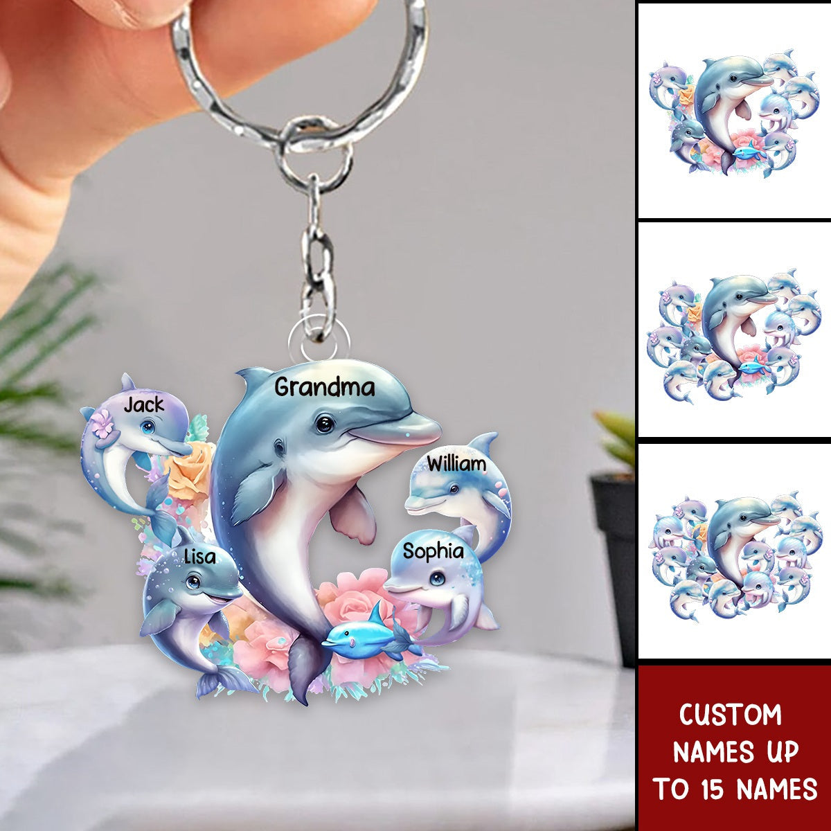 Personalized Grandma/Mom Dolphin with Kids Acrylic Keychain