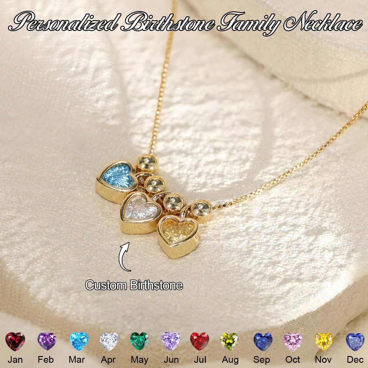Personalized Heart Birthstone Family Necklace- Gift For Her