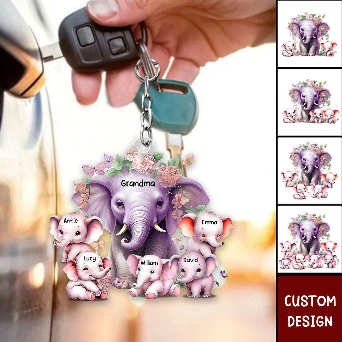 Mama/Nana Purple Elephant With Little Kids - Personalized Acrylic Keychain - Gift For Mom, Grandma