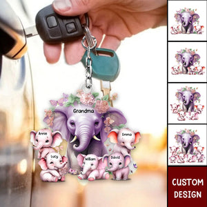 Mama/Nana Purple Elephant With Little Kids - Personalized Acrylic Keychain - Gift For Mom, Grandma