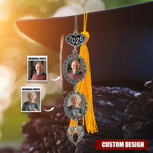 Personalized Graduation Tassel Photo & Text Charm with Angel Wing, Memorial Graduation Gift
