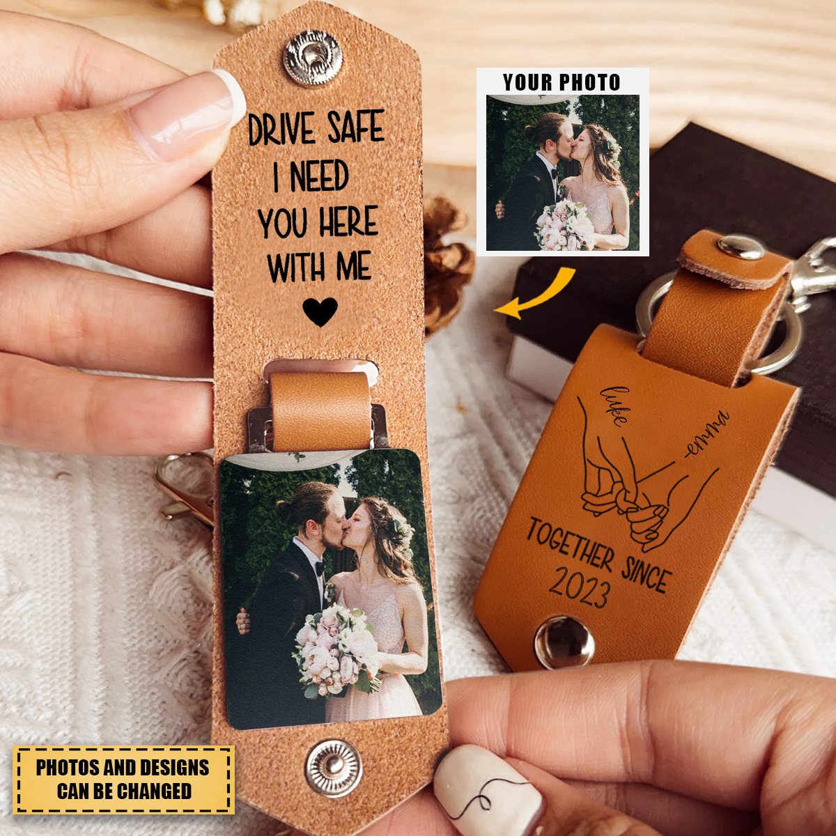 Drive Safe I Need You Here With Me- Personalized Leather Photo Keychain