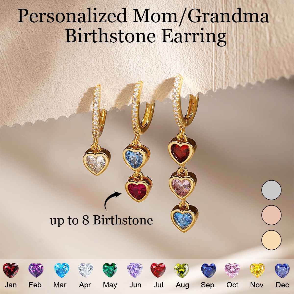 Personalized Heart Birthstone Dangle Hoop Huggie Earrings-Mother's Day Gift