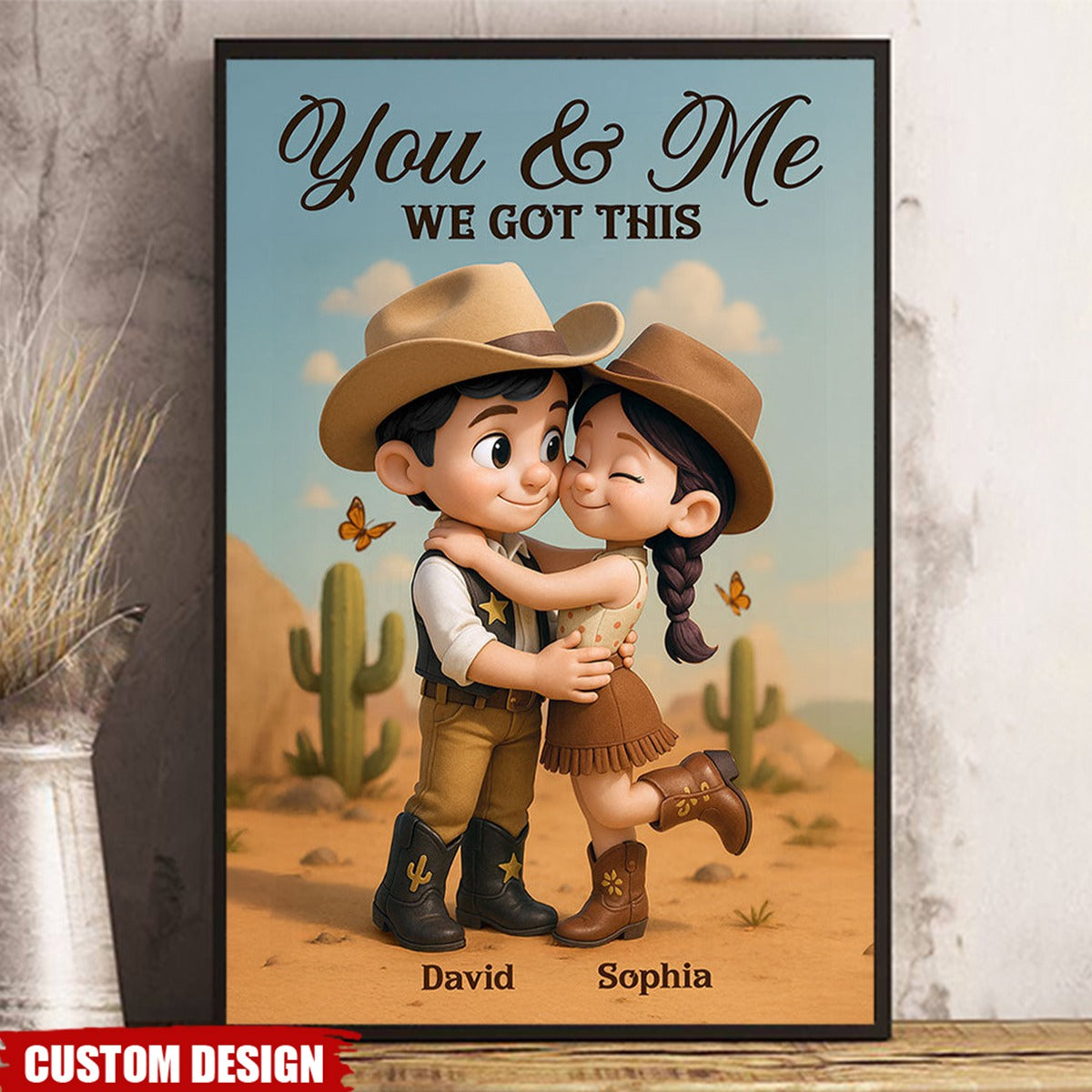 Cartoon Style Countryside Couple Cowboy Cowgirl Home Decor Personalized Vertical Poster