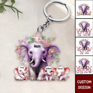 Mama/Nana Purple Elephant With Little Kids - Personalized Acrylic Keychain - Gift For Mom, Grandma