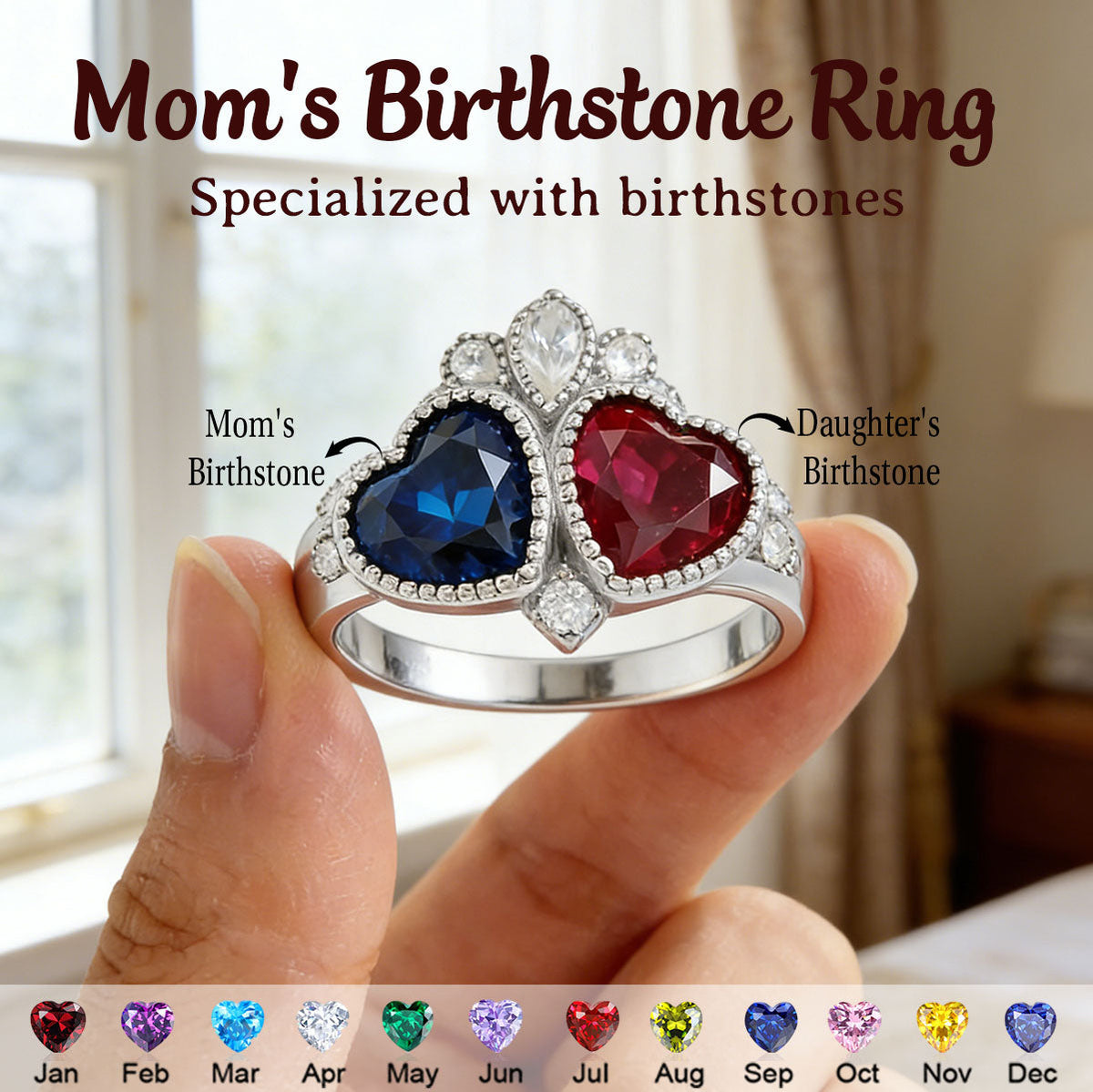 Personalized Heart Birthstone Ring, Mother's Day Gift - Family Ring for Her Love Heart