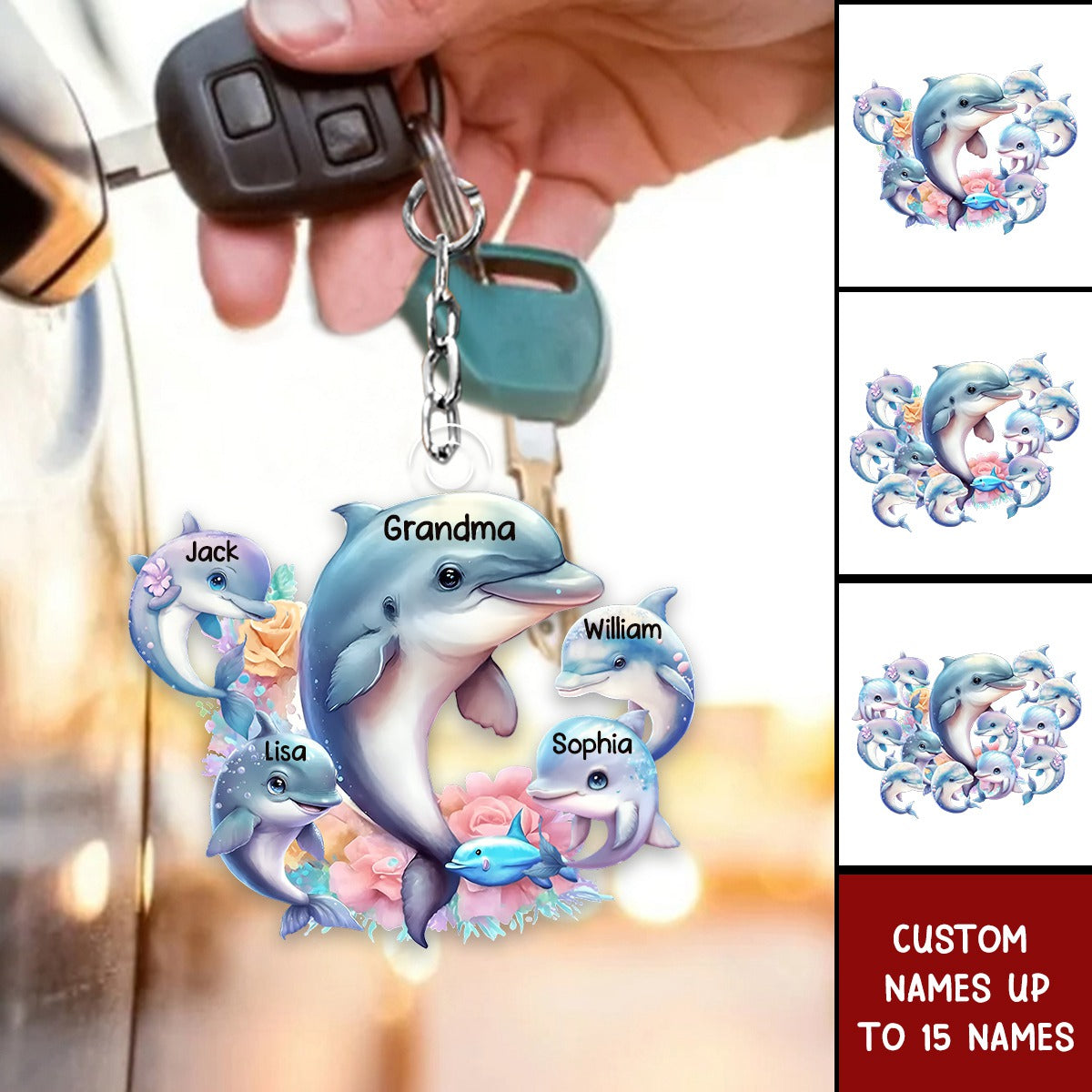 Personalized Grandma/Mom Dolphin with Kids Acrylic Keychain