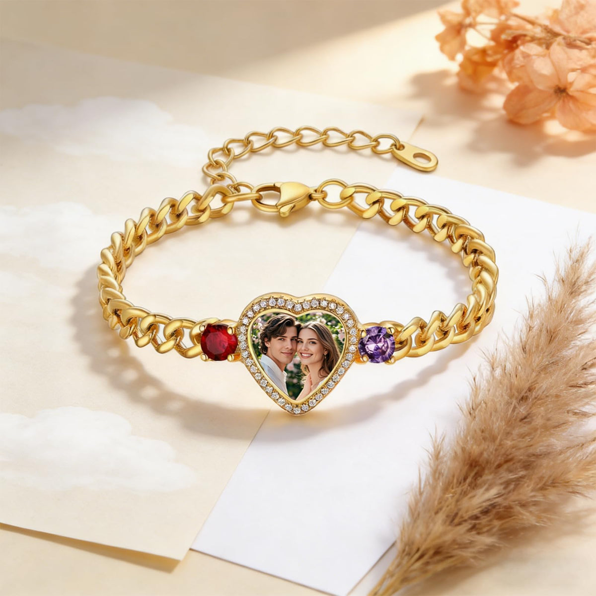 Personalized Heart Photo Birthstones Bracelet - Gift For Mom Wife Grandma