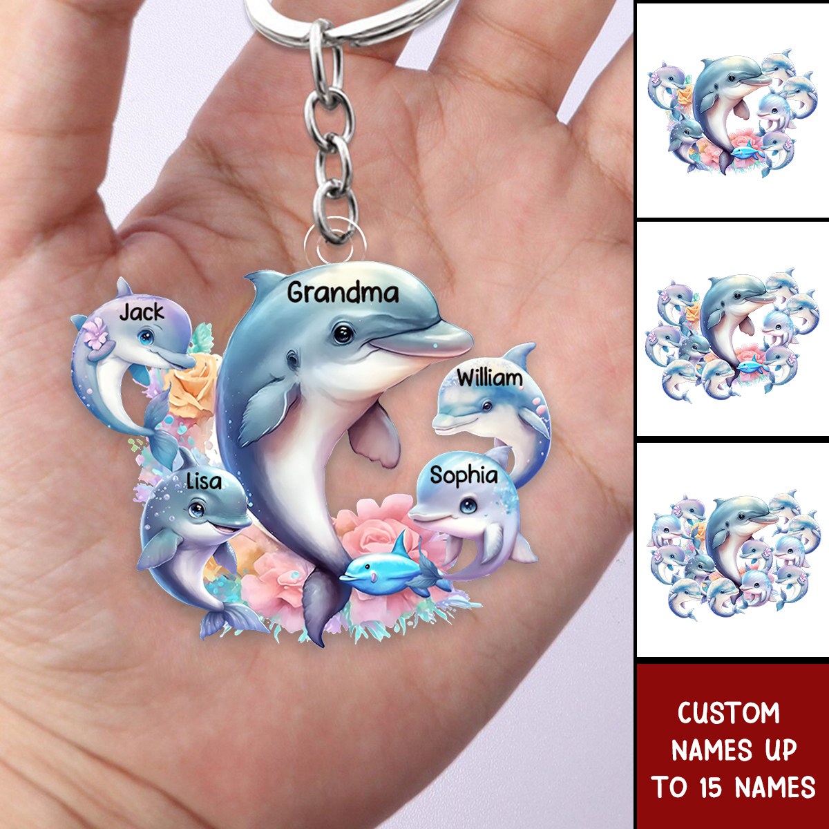 Personalized Grandma/Mom Dolphin with Kids Acrylic Keychain