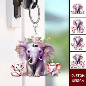 Mama/Nana Purple Elephant With Little Kids - Personalized Acrylic Keychain - Gift For Mom, Grandma