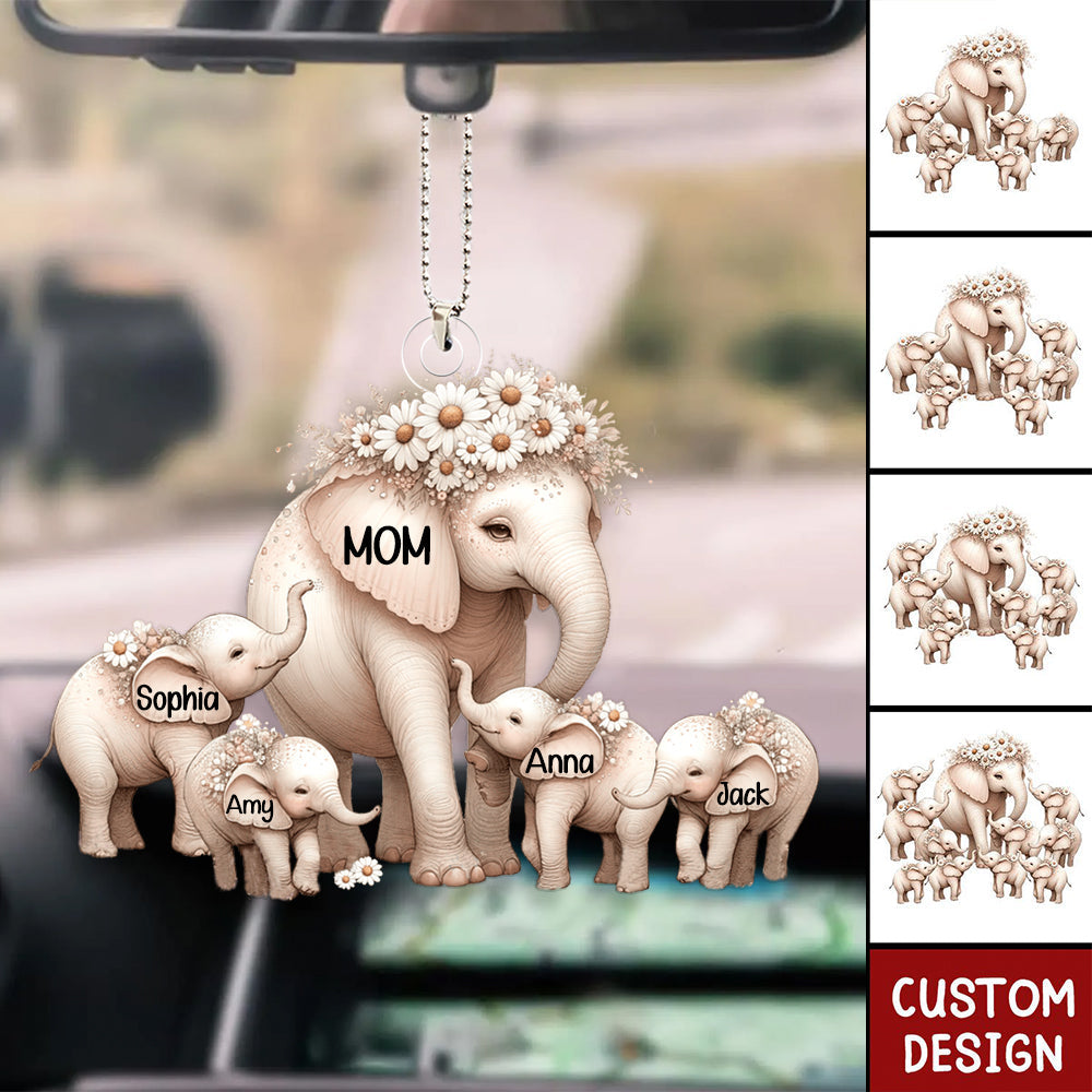 Mama/Nana Elephant With Little Kids - Personalized Acrylic Car Ornament - Mother's Day Gift