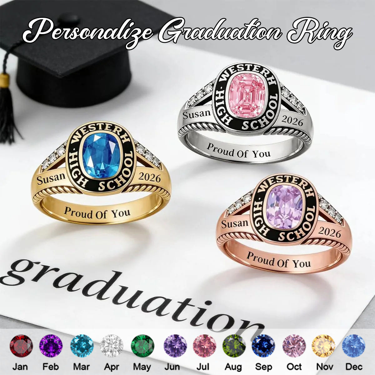 Personalized Graduation Class Birthstone Ring - Graduation Jewelry Gif ...