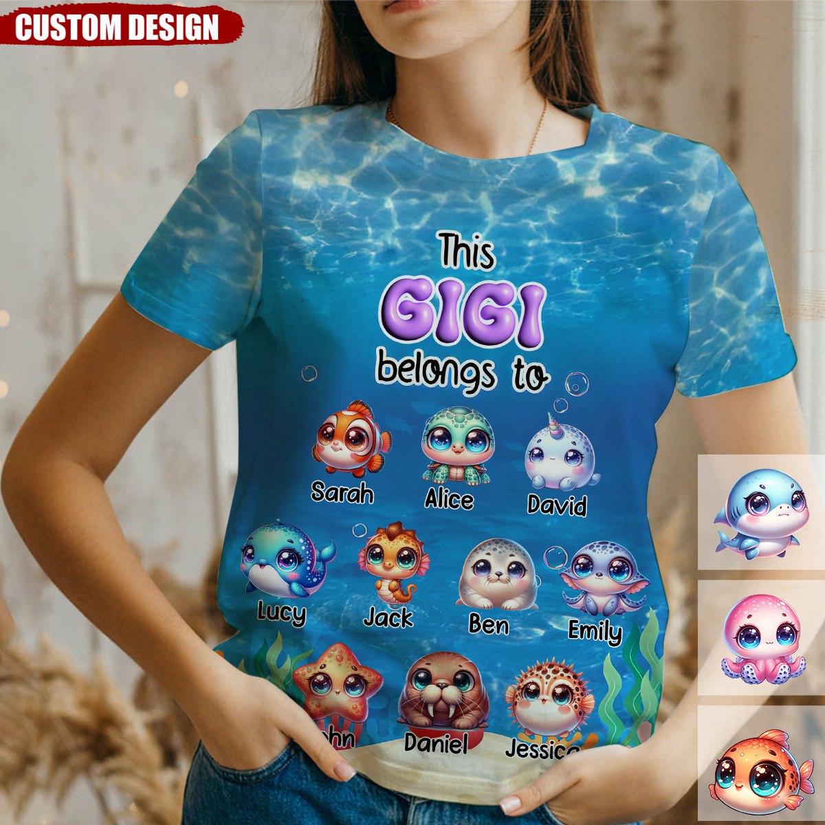 Personalized This Grandma/Mom Belongs To Cute Sea Animal Kids 3D T-Shirt