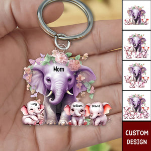 Mama/Nana Purple Elephant With Little Kids - Personalized Acrylic Keychain - Gift For Mom, Grandma