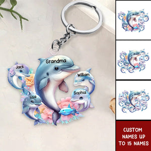 Personalized Grandma/Mom Dolphin with Kids Acrylic Keychain