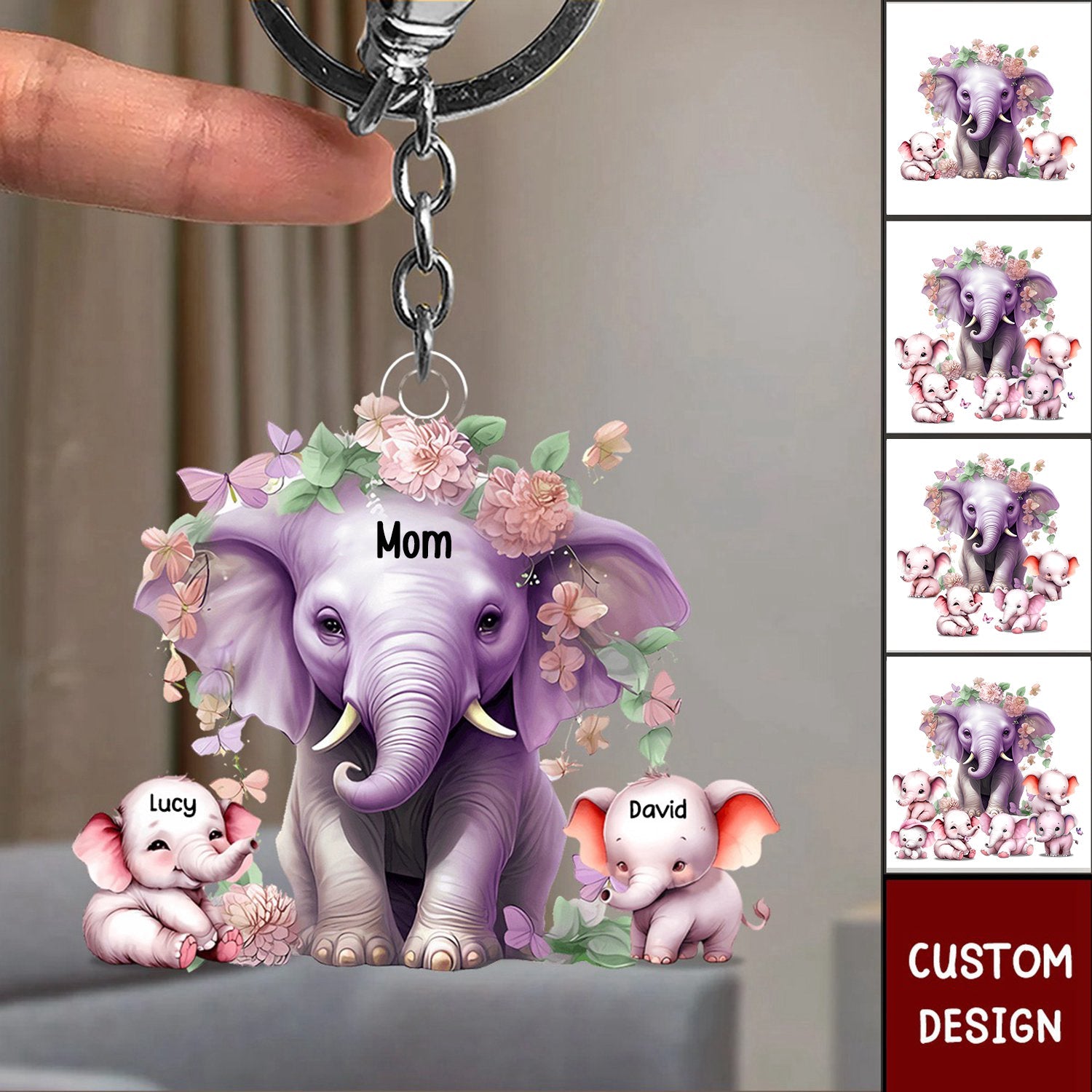 Mama/Nana Purple Elephant With Little Kids - Personalized Acrylic Keychain - Gift For Mom, Grandma