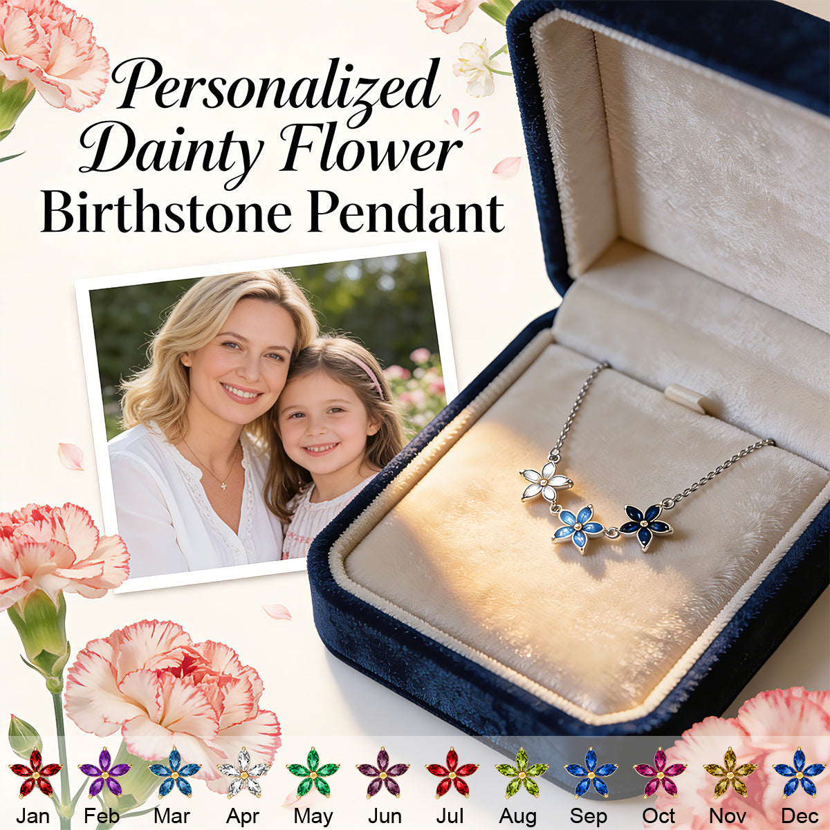 Personalized Dainty Flower Birthstone Pendant -Gift For Family Holiday