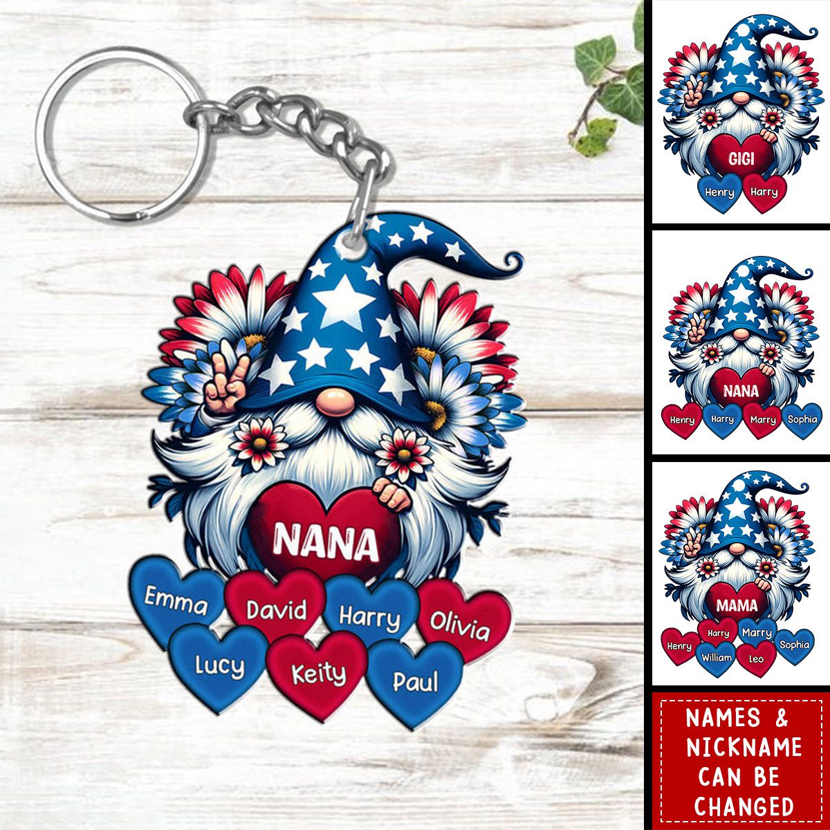 4th of July Nana Auntie Mom Little Sweet Heart Kids Personalized Keychain