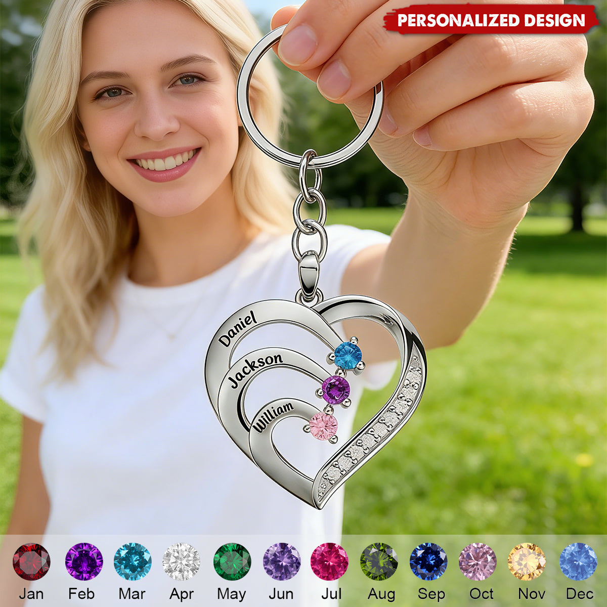 Personalized Family Heart Birthstone Keychain-Gift For Mom Grandma