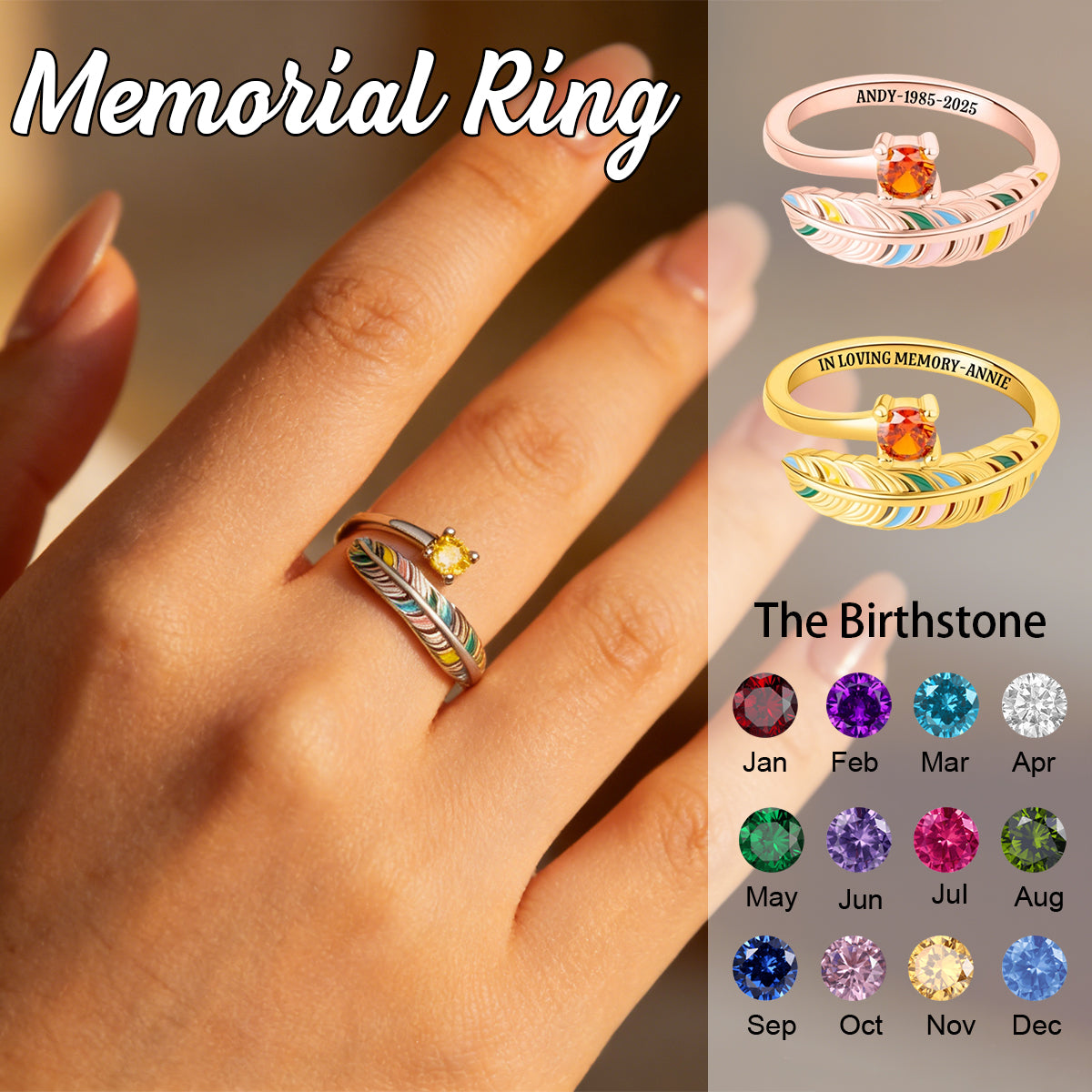 In Loving Memory - Personalized Feather Birthstone Memorial Ring