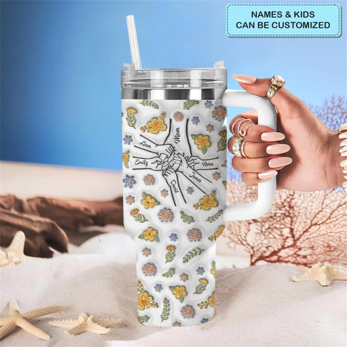 Floral Mom/Nana Hand- Personalized Tumbler With Handle - Happy Mother's Day Gift