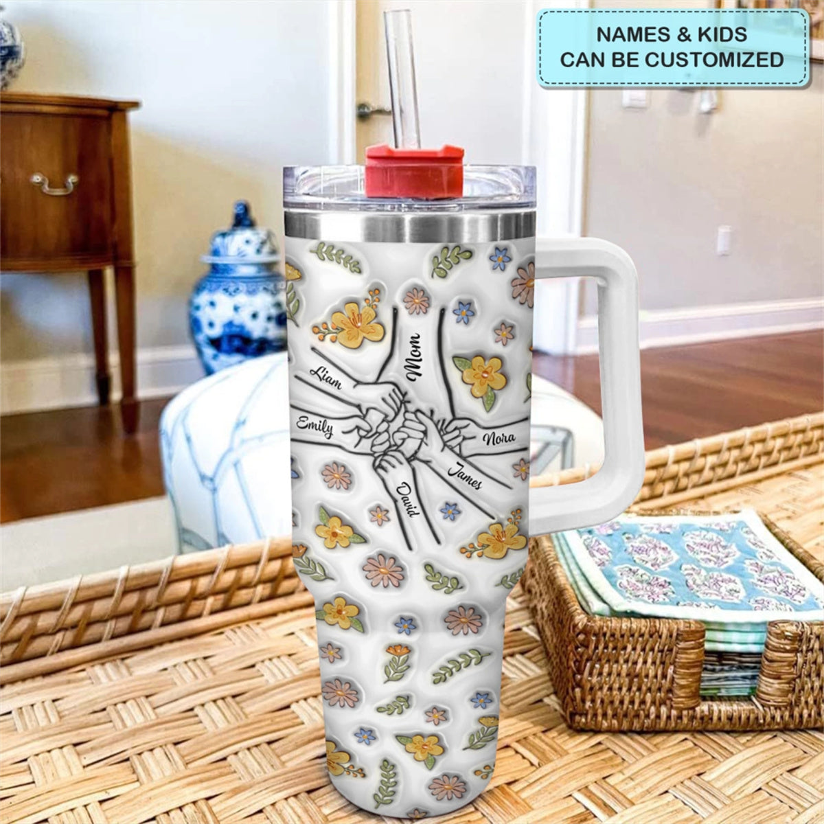 Floral Mom/Nana Hand- Personalized Tumbler With Handle - Happy Mother's Day Gift