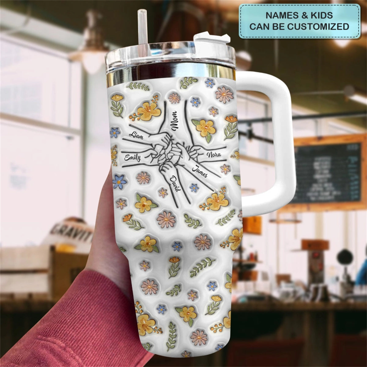 Floral Mom/Nana Hand- Personalized Tumbler With Handle - Happy Mother's Day Gift