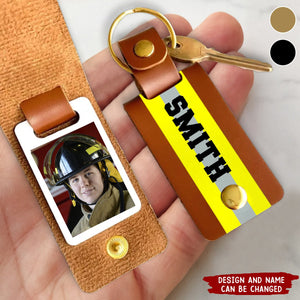 Personalized Upload Your Firefighter Photo Custom Name Leather Keychain Printed