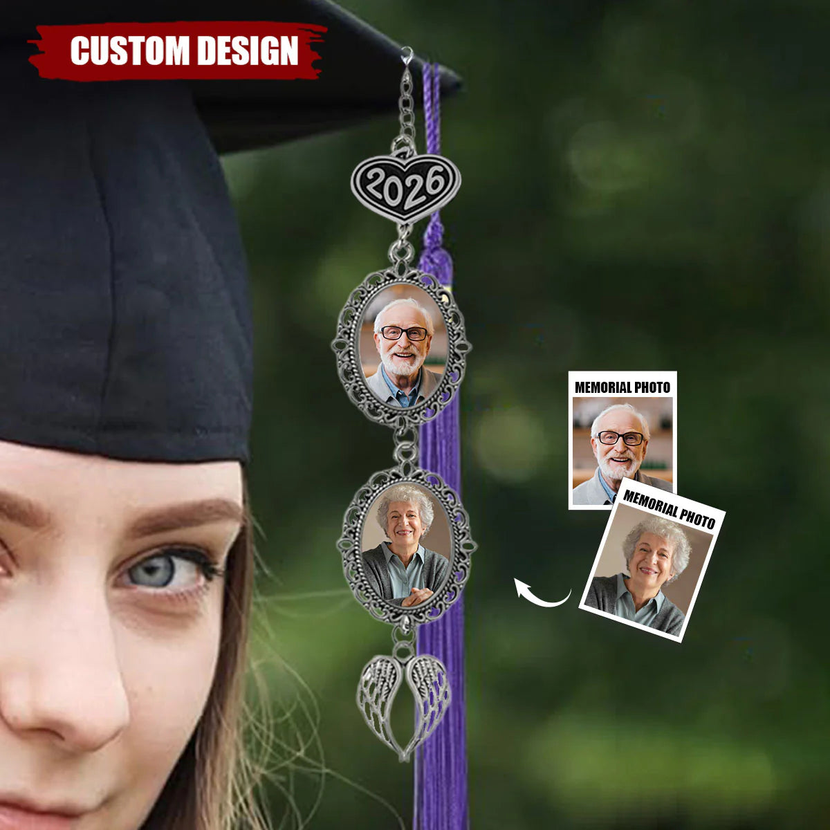 Personalized Graduation Tassel Photo & Text Charm with Angel Wing, Memorial Graduation Gift