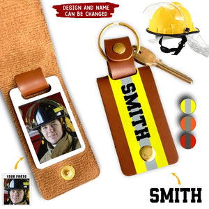 Personalized Upload Your Firefighter Photo Custom Name Leather Keychain Printed