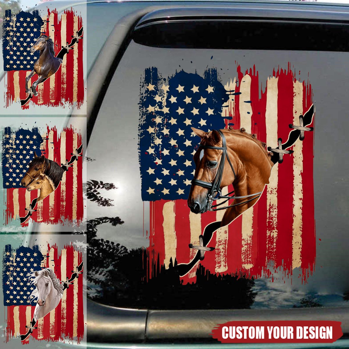 Personalized America horse flag printed decal -  gift for horse lovers
