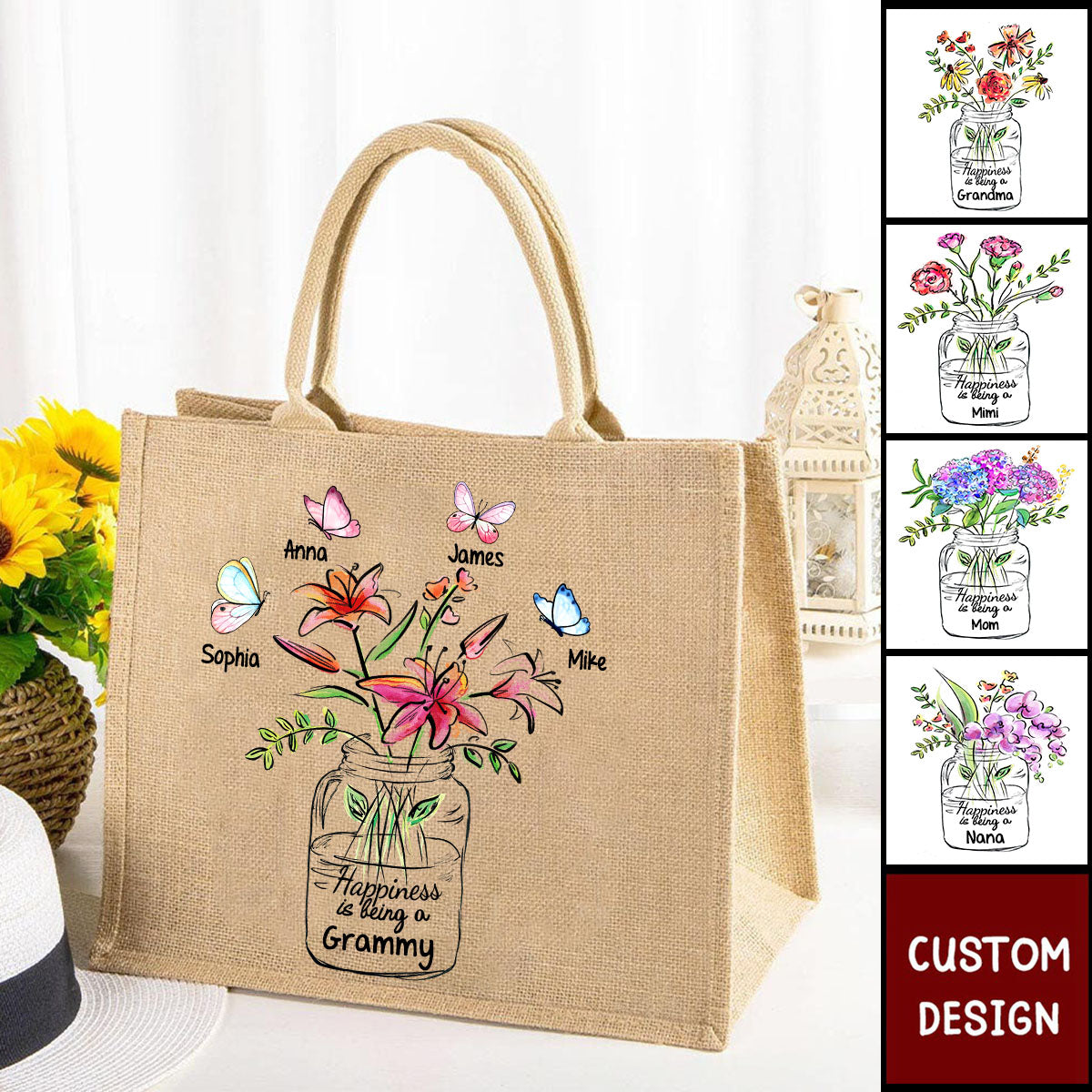 Happiness Is Being A Grandma Mom Vase of Flower - Personalized Jute Tote Bag